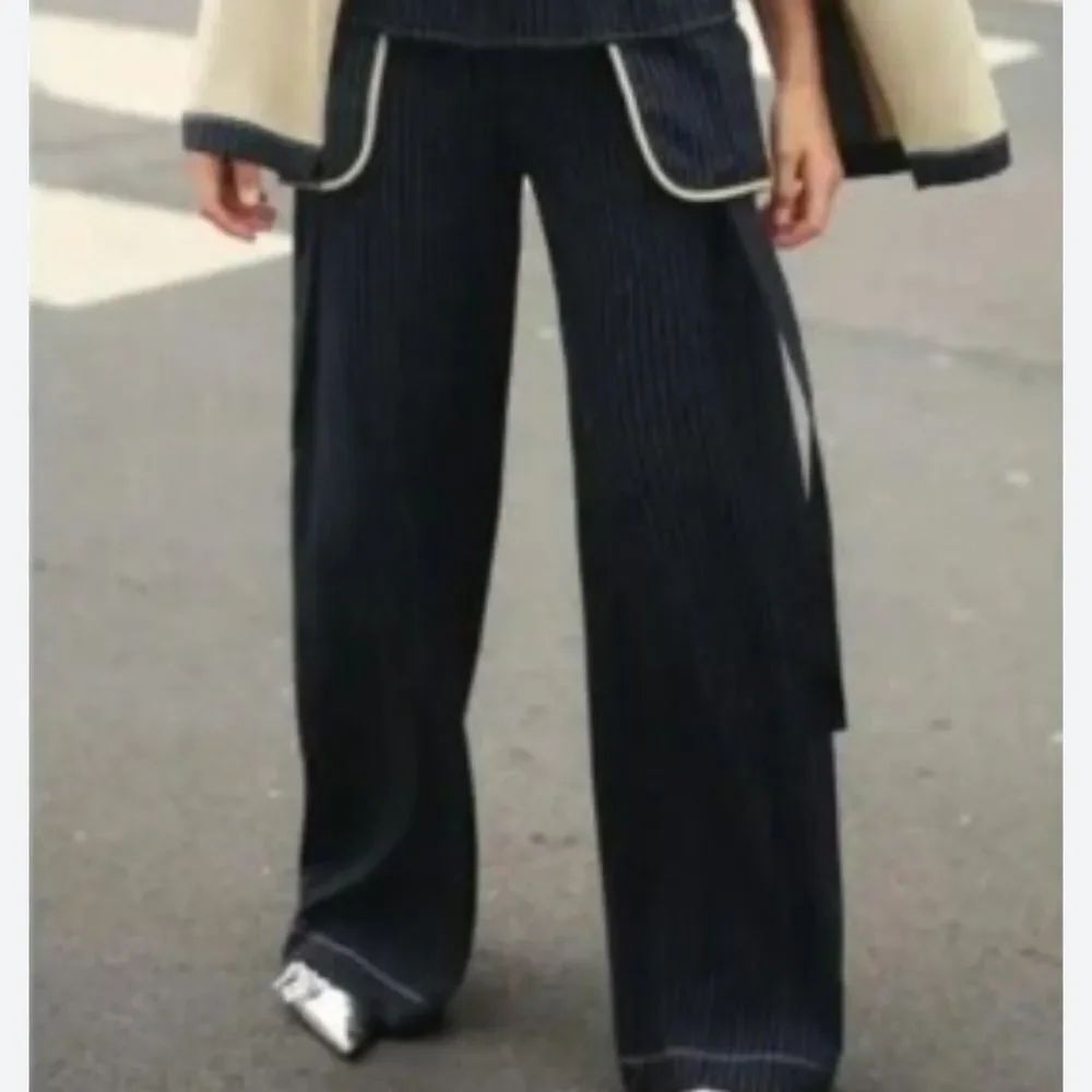 Zara Black Pinstripe Wide Leg Pants with Beige Trim